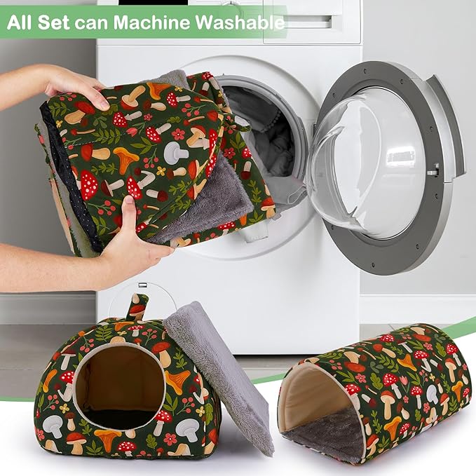 Bienbee Guinea Pig Hideout, Washable Rabbit Bed with Guinea Pig Tunnel, 2 Pack Guinea Pigs Toys Set Bunny Hideout Cage Accessories for Hamster Ferret Rabbits Bunny, Green Mushroom