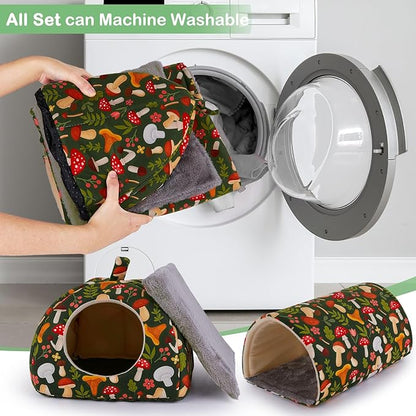Bienbee Guinea Pig Hideout, Washable Rabbit Bed with Guinea Pig Tunnel, 2 Pack Guinea Pigs Toys Set Bunny Hideout Cage Accessories for Hamster Ferret Rabbits Bunny, Green Mushroom