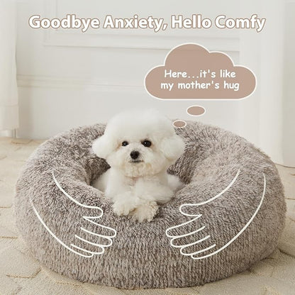 WNPETHOME Calming Dog Bed & Cat Bed, Anti-Anxiety Donut Small Dog Bed, Fluffy Faux Fur Cats Cushion Puppy Bed for Small Pets and Cats (24 x 24 inch, Light Coffee)