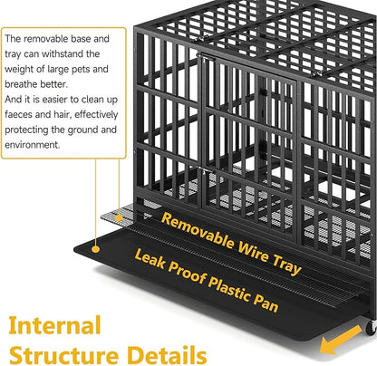48/42/38 Inch Heavy Duty Indestructible XL Dog Crate Steel Escape Proof, Indoor Double Door High Anxiety Cage, Removable Tray, Kennel with Wheels, Extra Large XXL