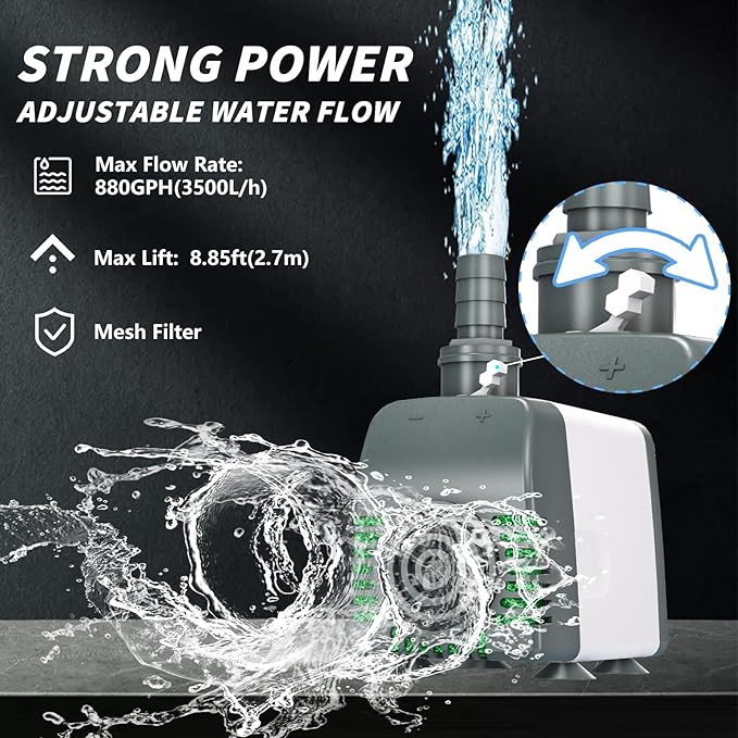 Pond Pumps 880GPH Submersible Water Pump with 10ft long cord for Fountains, Hydroponics, Ponds, Aquariums & More