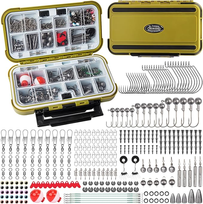TRUSCEND Widely Used Fishing Tackle & Accessories Kit, Fishing Tackle Box with Tackle Included, Fishing Sinker Weight Hook Swivels Snap Leader Lures, Giftable Beginner Fishing Lures/Gear Set
