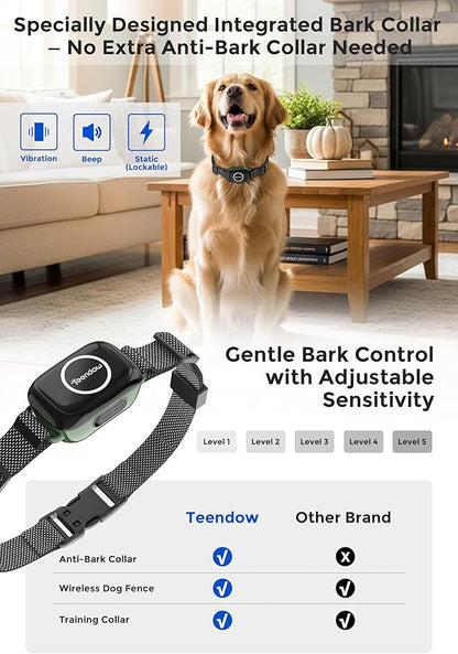 T800 Pro Wireless Dog Fence for 2 Dogs Zero Delay Response Electric Fence for 2 Dogs, Perimeter Pet Collar with Training & Bark Control, Safety-Lock HD Display Rechargeable Waterproof Portable