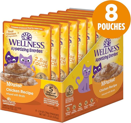 Wellness Appetizing Entrées Mousse, Adult Wet Cat Food, Natural, Protein-Rich, Grain-Free, 2.8 Ounce Pouch, 8 Pack, (Chicken Recipe)