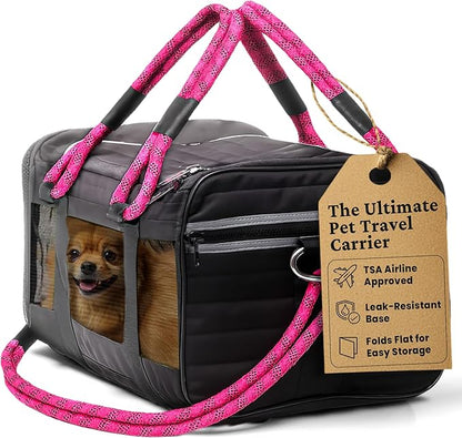 | TSA Airline Approved |Soft Sided Pet Carrier | Cat Carrier | Dog Carrier| Pets Up to 15 lbs | Leash & Luggage Strap | Black with Pink Handle