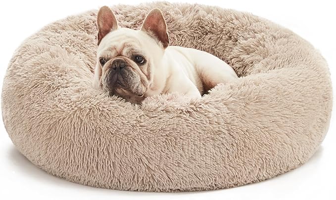 Love's cabin Calming Cat Bed for Indoor Cats,Anti-Anxiety Donut Round Dog Bed,Fluffy Faux Fur Washable Pet Bed for Small Medium Dogs and Cats,Taupe,24in