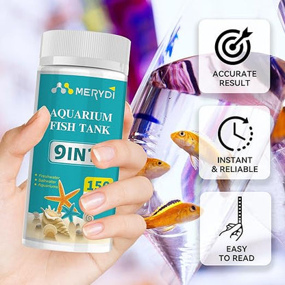 9-Way Aquarium Test Strips, Aquarium Test Kit for Fish Tanks & Ponds, 150 ct Quick & Accurate Water Testing Iron Copper Sodium Chlorine Nitrate Nitrite Total Alkalinity Hardness Free Chlorine pH