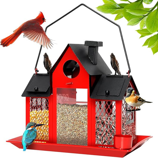 Solar Bird Feeders House for Outdoors Hanging, 7LBS Large Capacity Metal Wild Bird Feeder Squirrel Proof for Outside with Water Cup, Cardinal Birdfeeder Birdhouses Gift for Bird Lovers (Red)