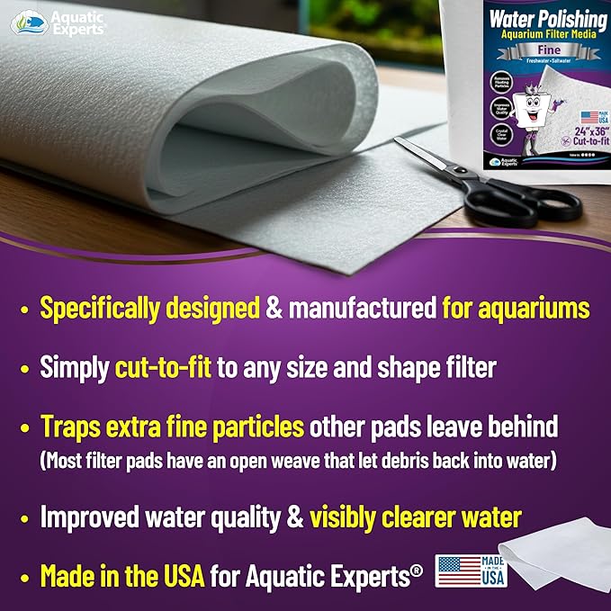 Aquatic Experts Aquarium Polishing Filter Pad, Water Polishing Pad for Aquarium Filters, Filter Floss for Fish Tank Filters, (200 Micron, 24" x 36" - 4 Pack)
