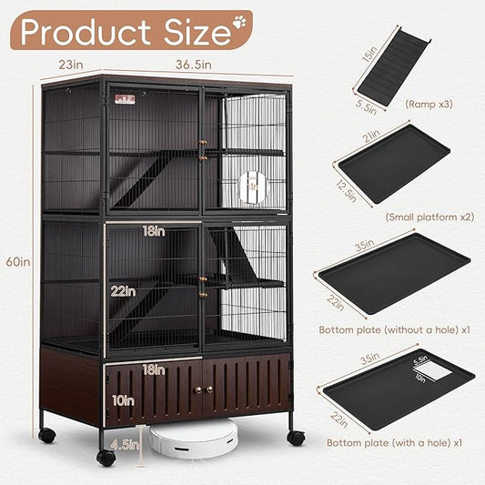 HABUTWAY 60''H Metal Large Ferret Cage, Rolling Chinchilla Cage with Removable Ramps& Double Door, Critter Nation with Locker, Small Animal Cage, Rat Indoor Wooden Pet Crate Furniture
