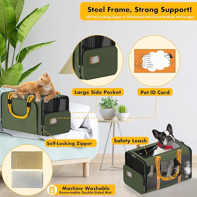 PAWZIDEA Expandable Pet Carrier with Wheels, 18"X11"X11" TSA Airline Approved Cat Carrier for 2 Cats Under Seat, Foldable Soft-Sided Dog Carrier for Small Dogs Rolling Travel Bag w/Telescopic Handle
