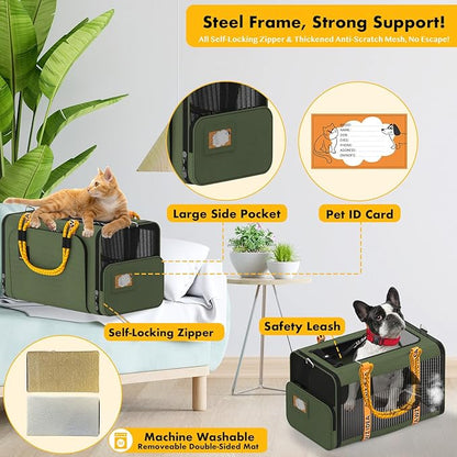 PAWZIDEA Expandable Pet Carrier with Wheels, 18"X11"X11" TSA Airline Approved Cat Carrier for 2 Cats Under Seat, Foldable Soft-Sided Dog Carrier for Small Dogs Rolling Travel Bag w/Telescopic Handle