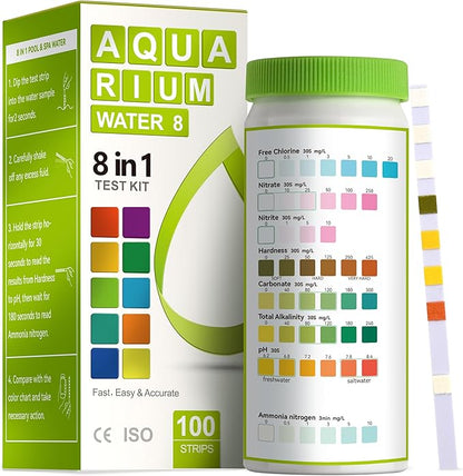 AAwipes Aquarium Ammonia Test Strips 8-in-1 |100 Strips | Quick & Accurate Water Testing for Freshwater & Saltwater Tanks -Test pH, Carbonate, Alkalinity, Hardness, Chlorine, Nitrite, etc. (K02-100)