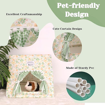 Guinea Pig Hideout Large with Curtain, Bunny Hideout, Machine Washable Guinea Pig Hide Tent Houses & Habitats, Small Animal Hideout for Pet Rabbit, Ferret, Rat, Chinchilla, Squirrel (Flower, Large)