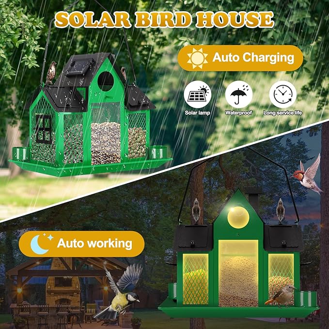 Solar Bird Feeders House for Outside Hanging, Metal Wild Bird Feeder for Outdoors Large Capacity Cardinal Birdfeeder Birdhouses Metal Bird Feeding Station Green
