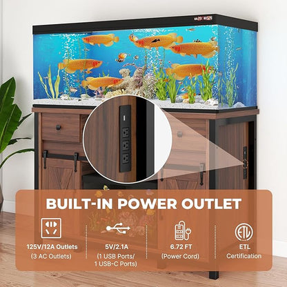 Miereirl 55-75 Gallon Fish Tank Stand with Power Outlet – Heavy Duty Aquarium Stand, 800 lb Capacity, Farmhouse Style, Adjustable Storage & Sliding Barn Doors, Light Brown