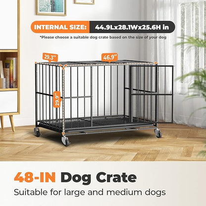48 in Heavy Duty Dog Crate Steel Escape Proof, Indoor Double Doors and Lockable Wheels,Removable Tray, for Extra Dog Breeds,XL,XXL