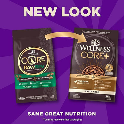 Wellness CORE+ (Formerly RawRev) Natural Grain Free Dry Dog Food, Wild Game Duck, Wild Boar & Rabbit with Freeze Dried Lamb, 18-Pound Bag