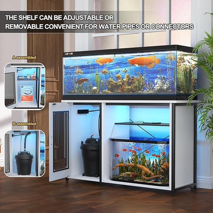 55-75 Gallon Fish Tank Stand with Power Outlets & LED Light, Reversible Heavy Duty Metal Aquarium Stand with Cabinet for Fish Tank Accessories Storage, Turtle/Reptile Terrariums, White