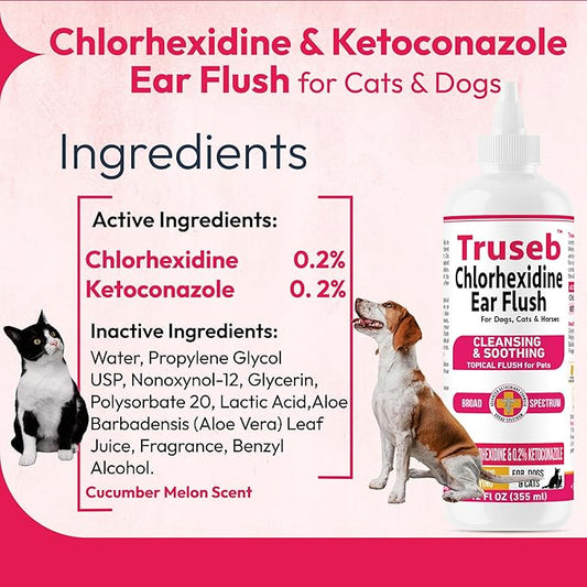 Truseb Advanced Topical Dog Ear Wash with Ketoconazole & Chlorhexidine Ear Flush Dog, Cats and Horses, with Aloe - 12 oz Made in U.S.A (Ketoconazole & Chlorhexidine Ear Flush, 12 oz)
