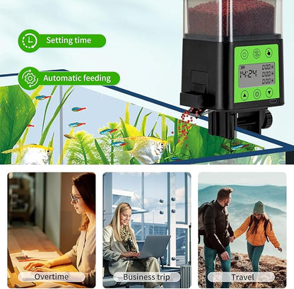 Automatic Fish Feeder for Aquarium with Timer, LCD Display 320ML Large Capacity Adjustable Fish Dispenser, Operated Feeders for Goldfish, Turtle for Vacation, Weekend or Daily Use(Green)