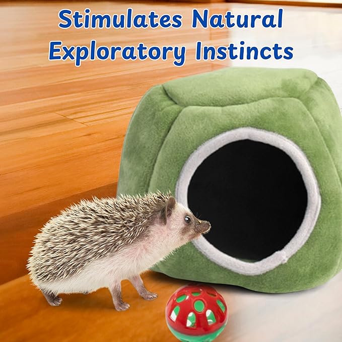 Hedgehog Hideout Nest with Bell Ball Toy, Cave Bed Nest Hedgehog Hideout, Guinea Pig Bed, Small Animals Warm House Cage Supplies, Hedgehogs Accessories, Hamster Cage Accessories (Green Hide)