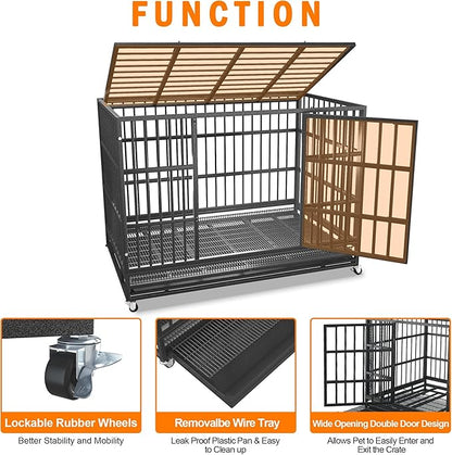 54/48/42/38 inch Heavy Duty Indestructible and Escape-Proof Dog Crate Cage Kennel for Large Dogs, High Anxiety Dog Crate with Removable Wire Trays and Wheels, Extra Large XL XXL