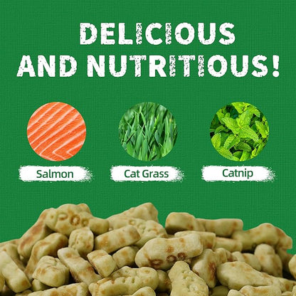 Just Try 13.4 OZ Cat Treats for Indoor Cats Hairball Control Natural Salmon Healthy Cat Grass Treats Kitten Snacks Training Biscuits Catnip for Cats Dental Care