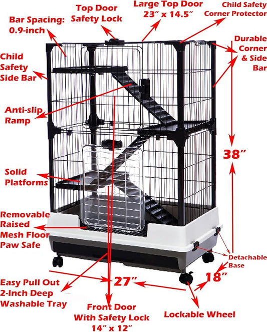 Deluxe 4-Level in/Outdoor Rabbit Hutch Cage Double Large Front Doors Ferret Squirrel Chinchilla Paw Safe Solid Platform Ramp Mesh Floor Pull Out Leakproof Easy Clean 2-Inch Deep Tray Lockable Casters