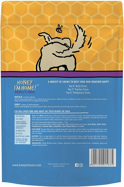 Honey I'm Home, Mini Muncher Buffalo Dog Chews Variety Pack, 3.53 Ounces - All Natural, Free Range, Healthy, Grain Free, Honey Coated & Crunchy