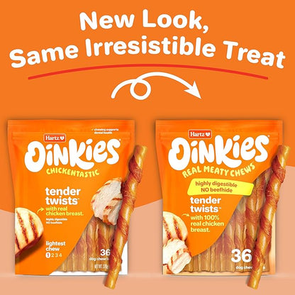 Hartz Oinkies Tender Twists with Real Chicken Breast Rawhide-Free Dog Treats, Highly Digestible Dog Chews, 36 Count