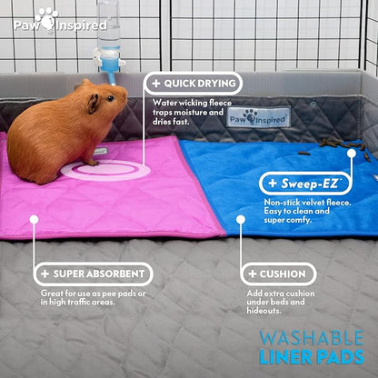 Paw Inspired Guinea Pig Cage Liner Pads | Washable Fleece Bedding, Waterproof Bottom | Super Absorbent Pee Pad or Pet Bed Mat for Piggies, Ferrets, Rabbits, Hamsters, Small Animals (12x12, Light Gray)