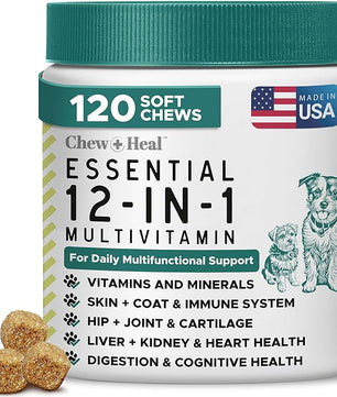 12-in-1 Multivitamin for Dogs - 120 Puppy and Senior Dog Vitamin and Supplement Soft Chews for Hip and Joint - Advanced Formula with Glucosamine, Omega 3,6,9, Vitamins, Probiotics, and More