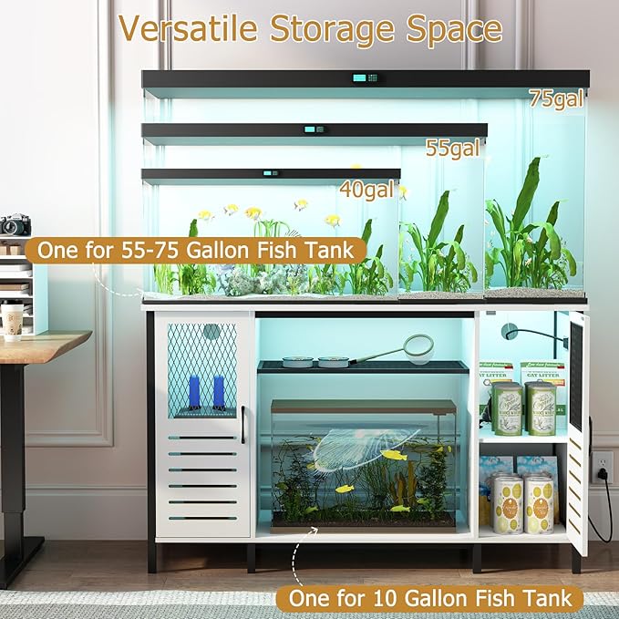 BREEZEHEAT 55-75 Gallon Fish Tank Stand with Power Outlets, LED Light, Adjustable Shelves, Heavy Duty Aquarium Stand with Cabinet, Terrarium stand Suitable for Turtle & Reptile Tank, 1250LBS, White