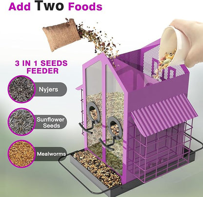 Bird Feeders for Outdoors, Metal Bird Feeder with Double Suet Cage Weatherproof Metal Roof, 2 in 1 Mixed Seeds Suet Feeder, 4Lbs Large Capacity, Great for Finch、Cardinal、Chickadee（Purple）