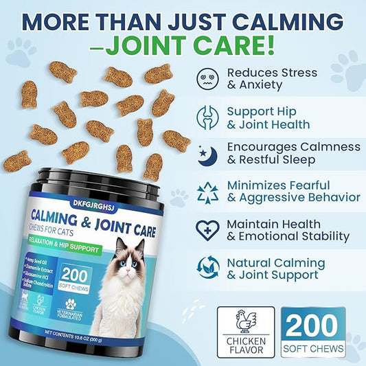 Cat Calming Treats, 200 Hemp Soft Chews Cat Calming Treats for Anxiety Relief with Glucosamine Hip & Joint Support Calming Chews for Cats Anxiety Stress Chicken Flavor