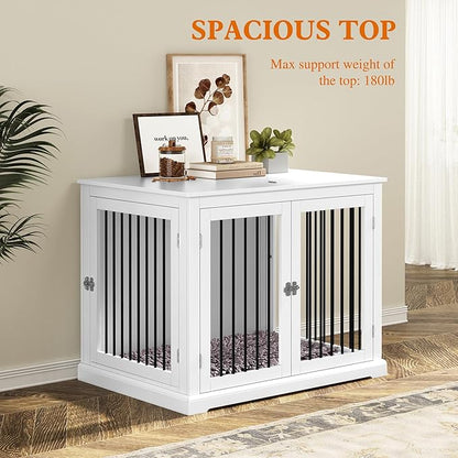 Dog Crate Furniture with Cushion, Dog Crate End Table Large, Indoor Dog Kennel, Dog House, Dog Cages for Large Dogs, Furniture Style Dog Crate with Flip-top, Chew-Proof Metal Bars, White