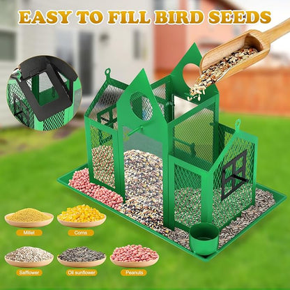 Solar Bird Feeders House for Outside Hanging, Metal Wild Bird Feeder for Outdoors Large Capacity Cardinal Birdfeeder Birdhouses Metal Bird Feeding Station Green