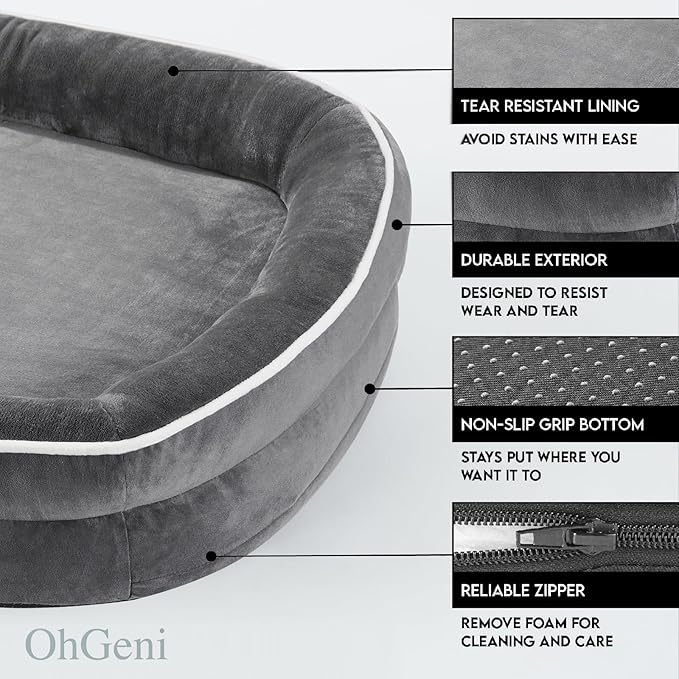 OhGeni Orthopedic Big Dog Couch Pet Sofa XL Sized Cat Beds with Comfort Foam Support, Soft Comfortable Fabric, Machine Washable Waterproof Removable Cover, 42-Inch (Gray)