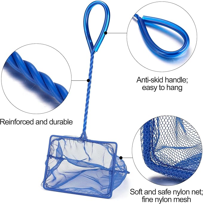 3 Pack Aquarium Net, Multi-Size Fine Quick Fish Catch Nets Extra Soft Nylon Fishing Nets with Plastic Handle for Aquarium Fish Tank Supplies- Blue (4in,5in, 6in)