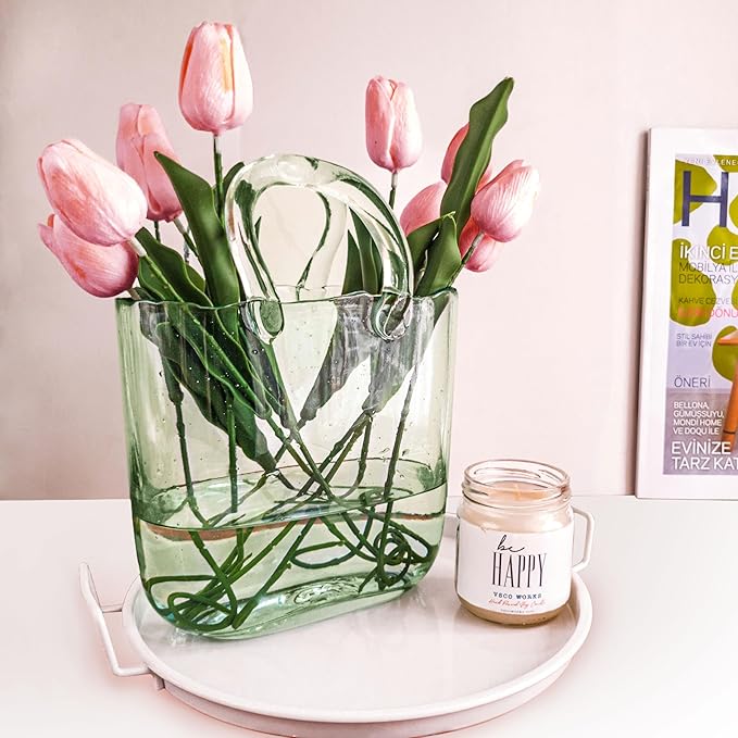 OLEEK Purse Vase for Flowers (Handmade) - 10 Inches Clear Glass Purse Vase - Cool & Cute vases for centerpieces, Fish Bowl - Unique Glass Handbag Flower vase Decorative - Wide Mouth Glass Purse