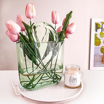 OLEEK Purse Vase for Flowers (Handmade) - 10 Inches Clear Glass Purse Vase - Cool & Cute vases for centerpieces, Fish Bowl - Unique Glass Handbag Flower vase Decorative - Wide Mouth Glass Purse