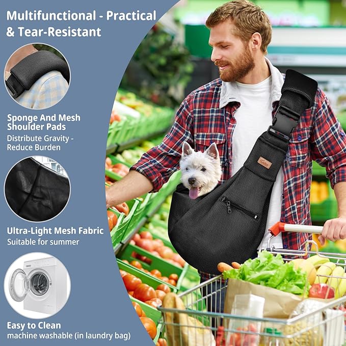 CUBY Dog and Cat Sling Carrier - Hands Free Reversible Pet Papoose Bag - Soft Pouch and Tote Design - Suitable for Puppy, Small Dogs Cats Outdoor (Black-Mesh, Adjust Strap 2.0)