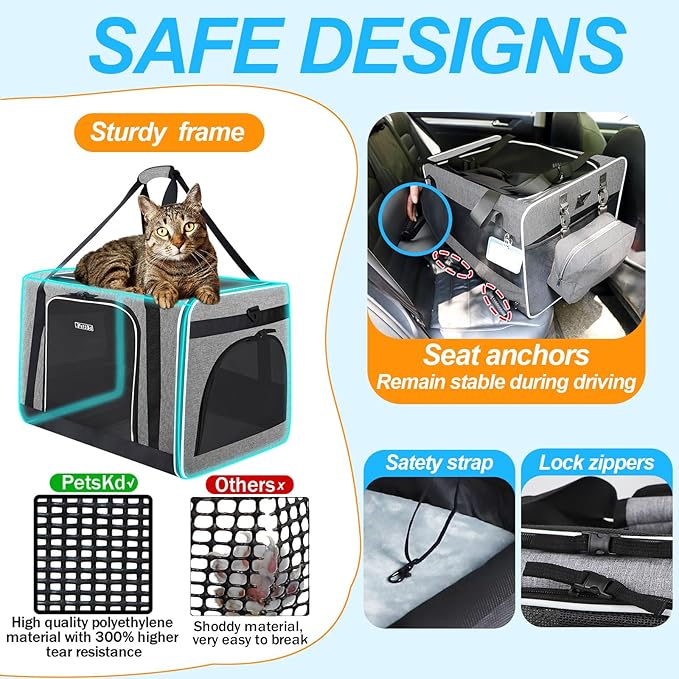 Petskd Extra Large Cat Carrier with Wheels and Litter Box 24"x17"x17" for Large Cat or 2 Small Cats, Collapsible Soft Sided Pet Carrier for Car Travel with Lockable Safety Zippers(Grey)