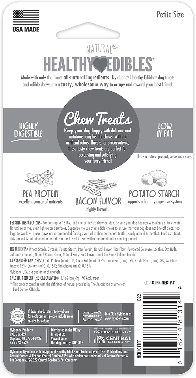 Nylabone Healthy Edibles Natural Dog Chews Long Lasting Bacon Flavor Treats for Dogs, X-Small/Petite (2 Count)