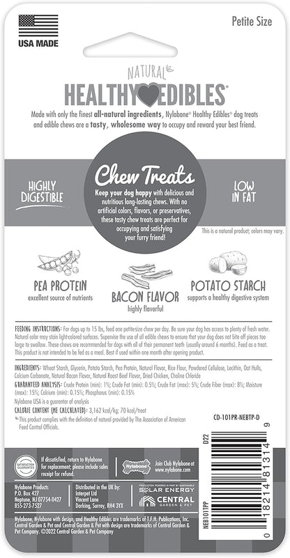 Nylabone Healthy Edibles Natural Dog Chews Long Lasting Bacon Flavor Treats for Dogs, X-Small/Petite (2 Count)