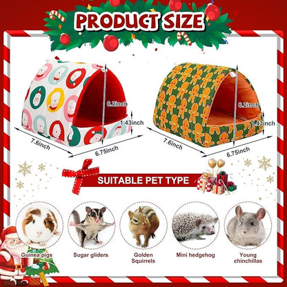 UPINS 2 Pack Christmas Guinea Pig Bed, Guinea Pig Hideout Washable Small Animal House Cage Accessories for Chinchillas Hamsters Hedgehogs Ferrets Bearded Dragons and Rats