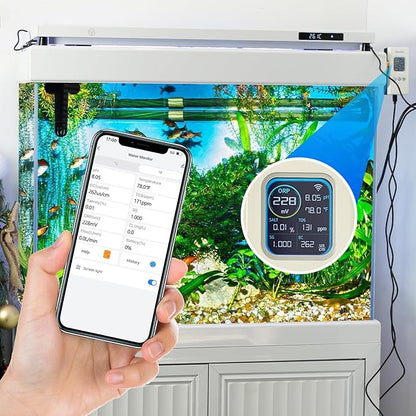 Smart Aquarium Water Monitor, Salinity pH ORP TDS EC Temp Multi-Parameter Tester for Freshwater Saltwater Fish Tanks Real-Time Alerts Upgraded Version
