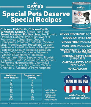Dave's Pet Food Sensitive Skin Dog Food for Skin and Coat (Chicken & Sweet Potato), Wet Canned, Made in USA, 13.2oz Cans (12 Pack)