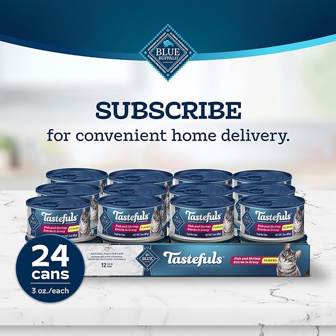 Blue Buffalo Tastefuls Flaked Wet Cat Food, Made with Natural Ingredients, Fish & Shrimp, 3-oz Cans (24 Count)